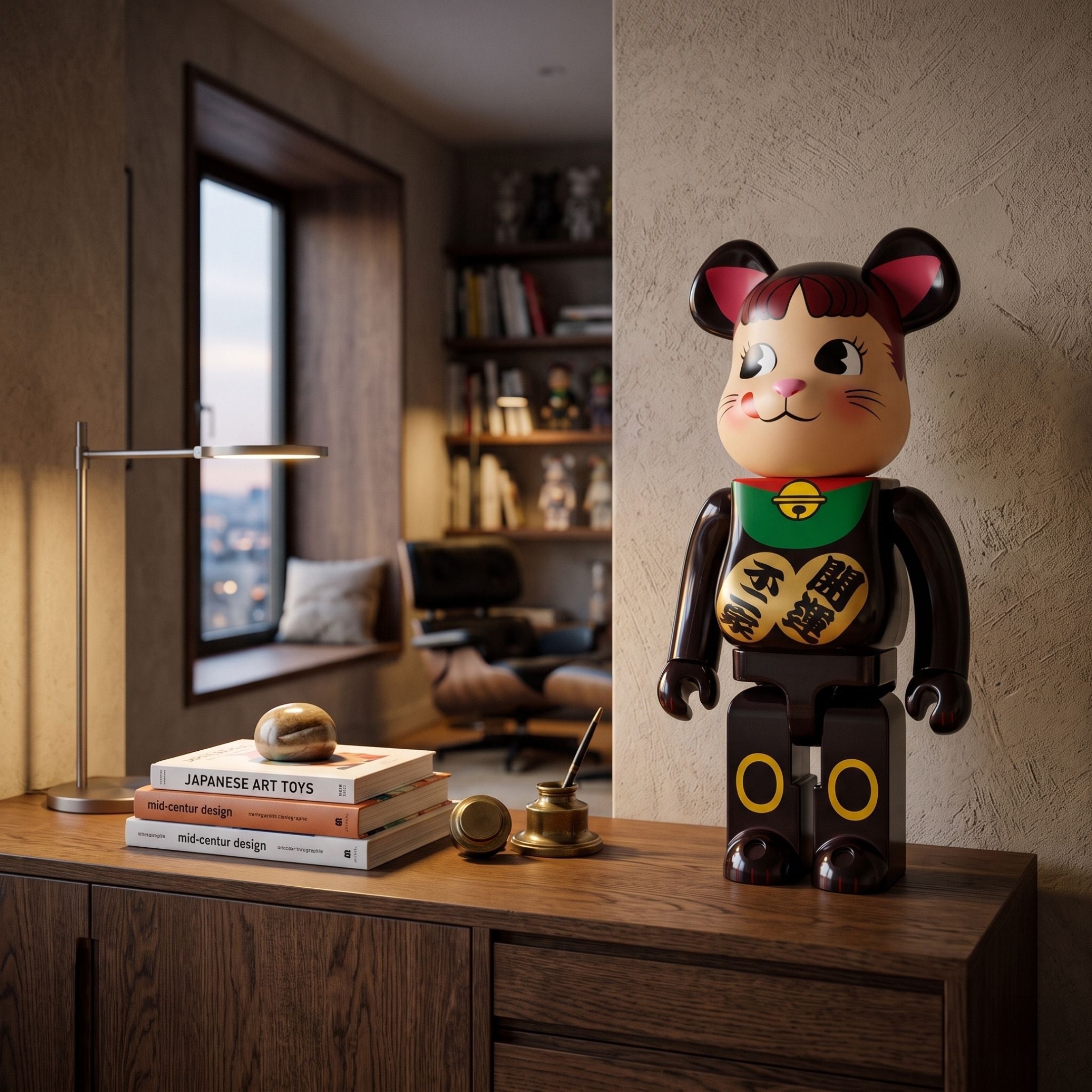 Prosper Paw Black Bear Sculpture, 70cm, glossy black finish with green bib and gold accents, displayed on a wooden sideboard in a living room setting.