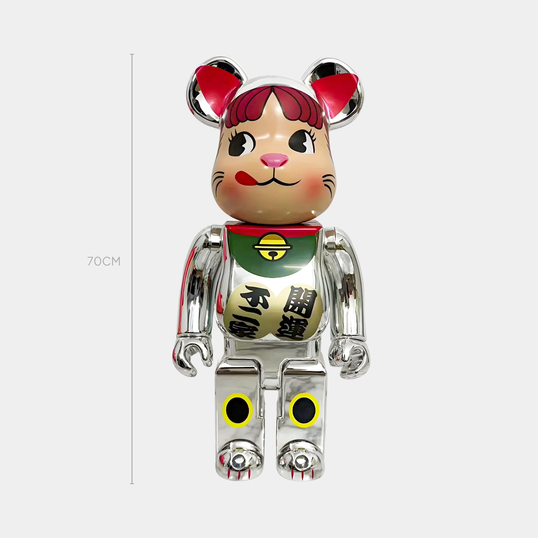 The Prosper Paw Chrome Bear Sculpture - 70cm by Giant Sculptures is a limited-edition, high-mirror silver bear with a cat face, red ears, and Japanese characters on its chest, standing upright.