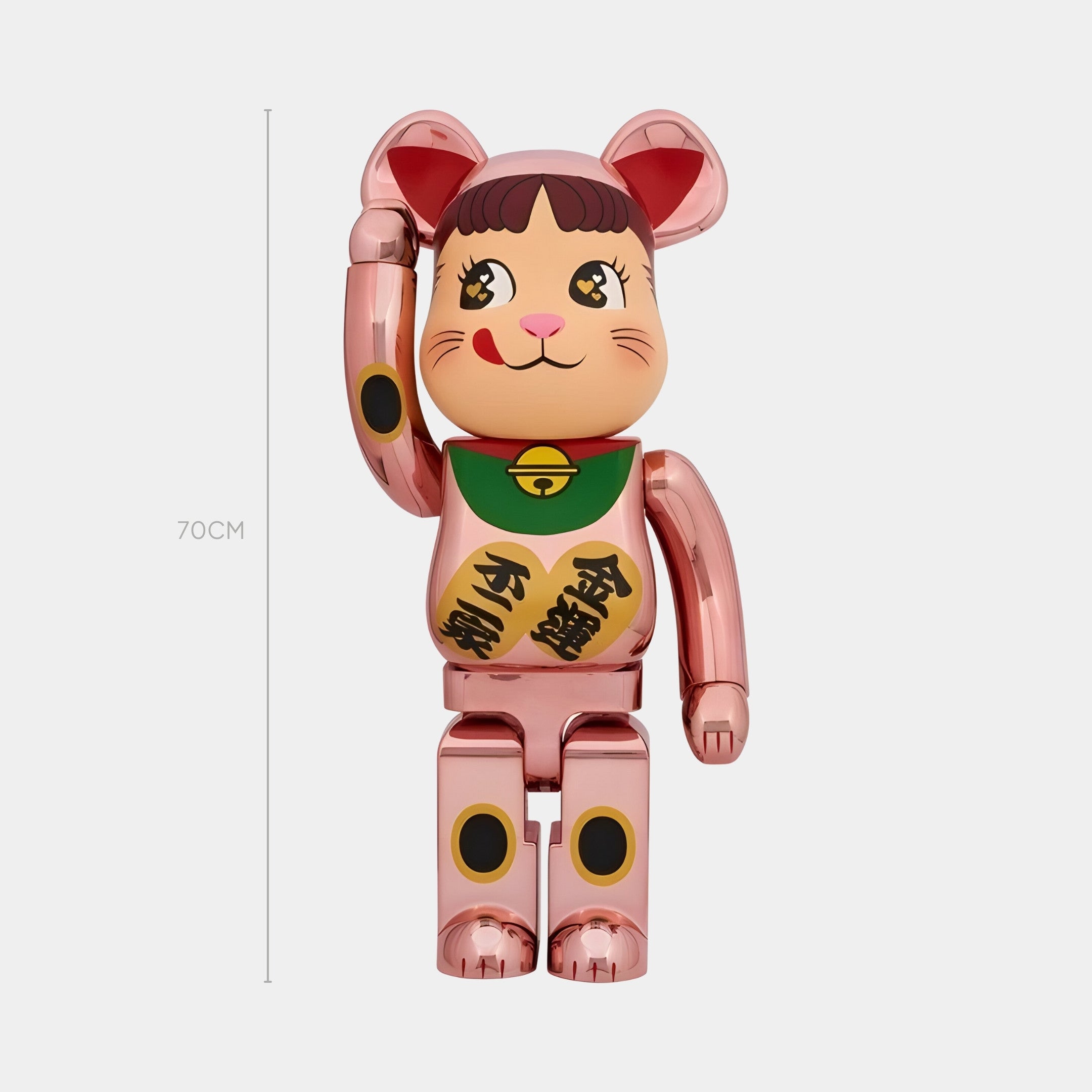 The Prosper Paw Pink Bear Sculpture - 70cm by Giant Sculptures is a rose-gold chrome lucky-cat bear with painted cat details, a green collar, and black Chinese characters on the front.