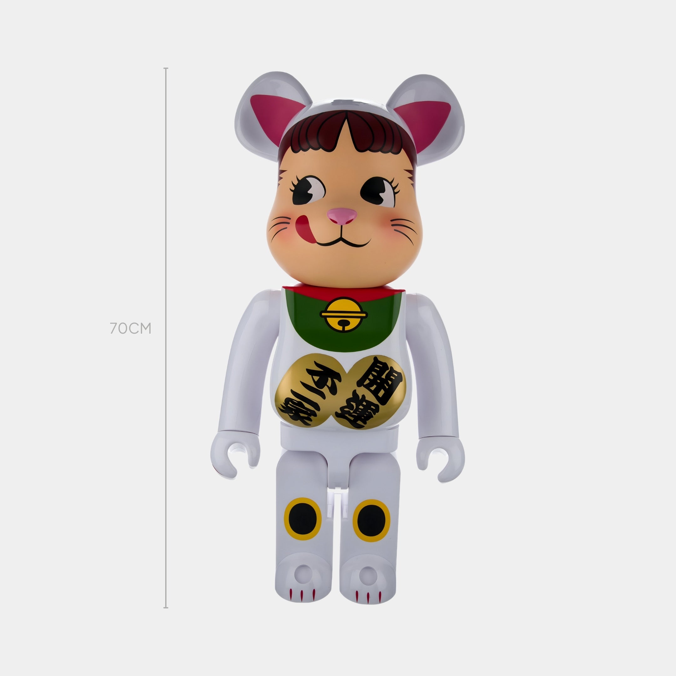 The Prosper Paw White Bear Sculpture - 70cm by Giant Sculptures features a maneki-neko inspired white bear with human-like features, pink ears, a green collar and bell, a gold ten-thousand fortunes coin, and a smiling face.
