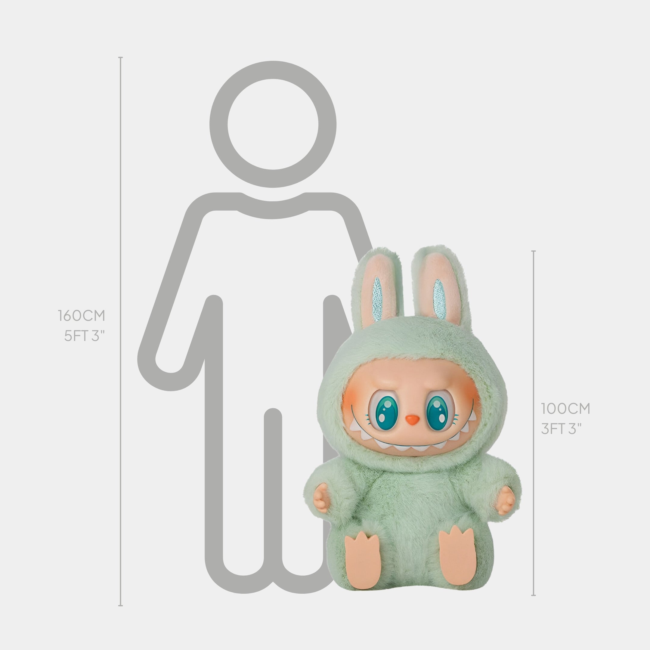 A mint-green Fluffy Monsters Minty Spark Labubu Sculpture by Giant Sculptures (100cm) with bunny ears and big blue eyes sits in front of a person outline (160cm), highlighting their size difference.