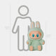 A mint-green Fluffy Monsters Minty Spark Labubu Sculpture by Giant Sculptures (100cm) with bunny ears and big blue eyes sits in front of a person outline (160cm), highlighting their size difference.