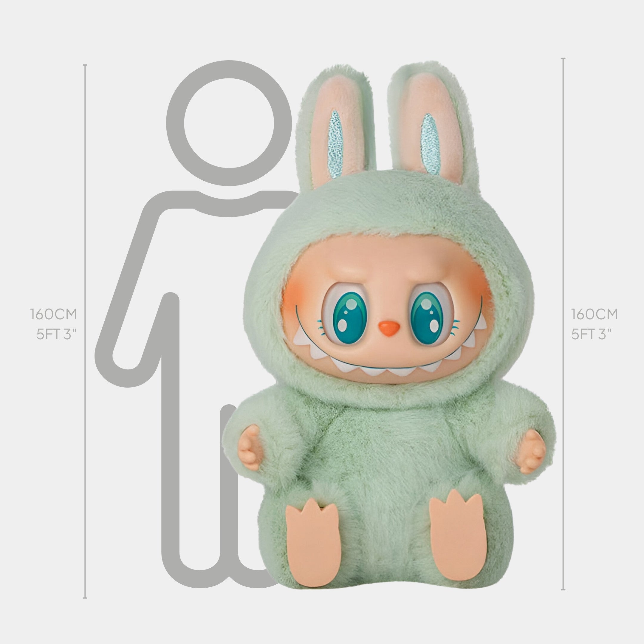 The Fluffy Monsters Minty Spark Labubu Sculpture - 160cm by Giant Sculptures features a pastel green bunny suit, big head, and oversized ears, standing in front of a height chart with a 160 cm human outline for size comparison.