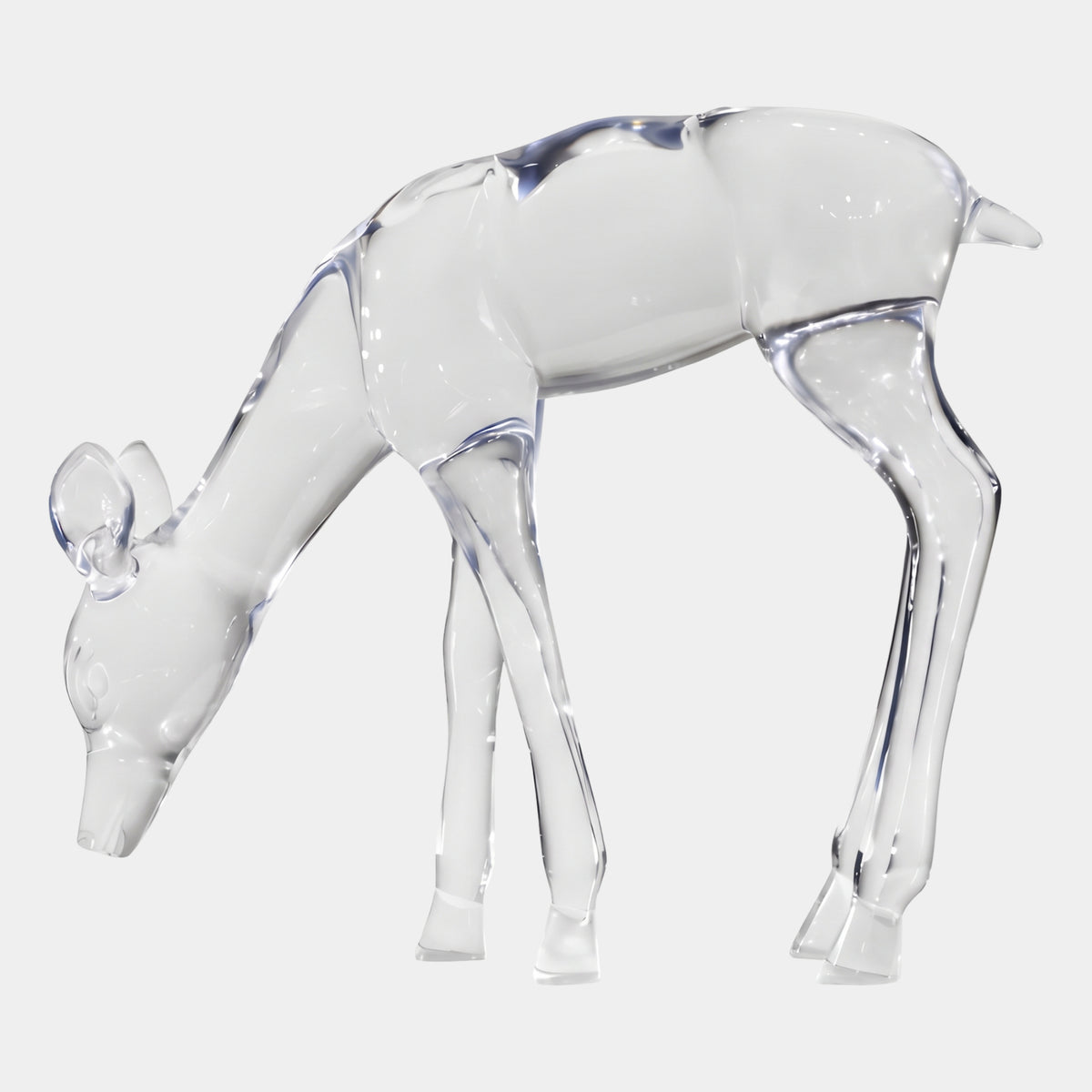 Clear Grazing Deer Cast Resin Sculpture, 75cm, shown in profile with head lowered to the ground on clear legs, no base, set against a plain white background.