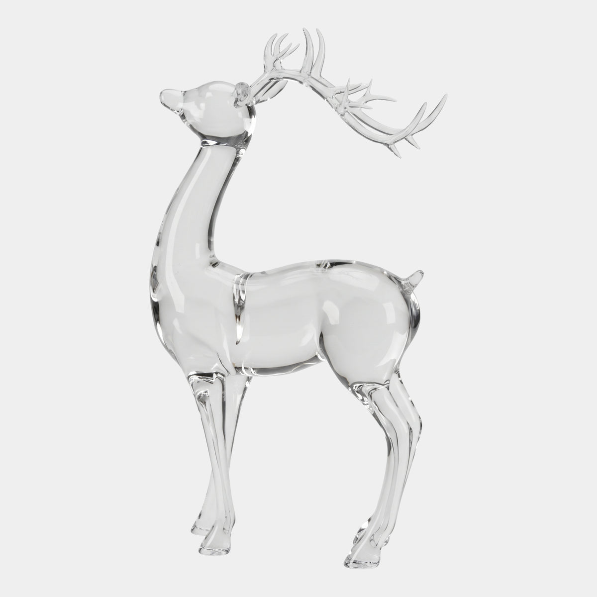 Clear Side-Antlered Stag Cast Resin Sculpture, 137cm, standing on all four legs with head turned and antlers reaching horizontally, shown against a plain white background.
