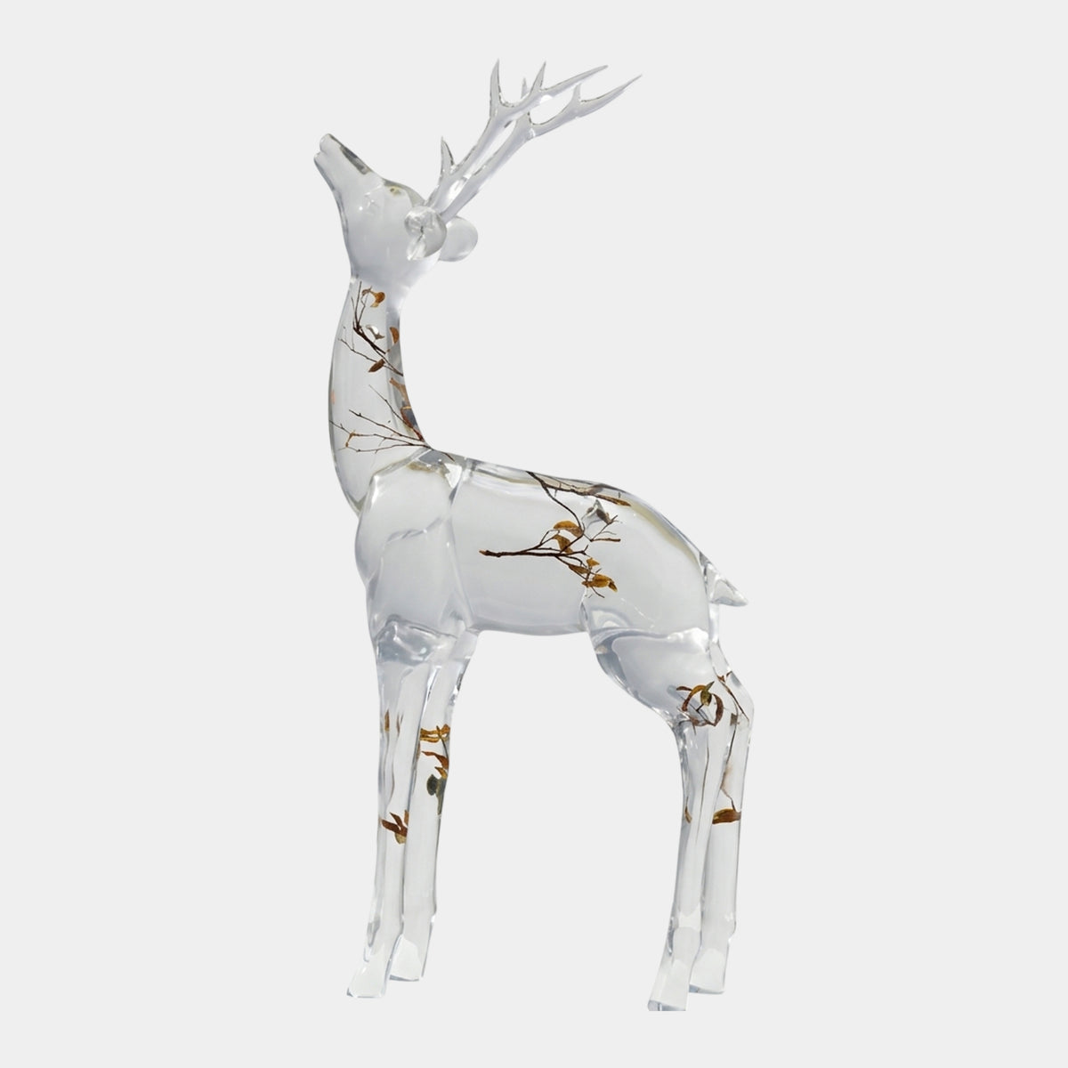 Clear Stag with Set Branches Resin Sculpture - 193cm, head raised with antlers, embedded brown branches and leaves visible through the clear body, on a plain white background.
