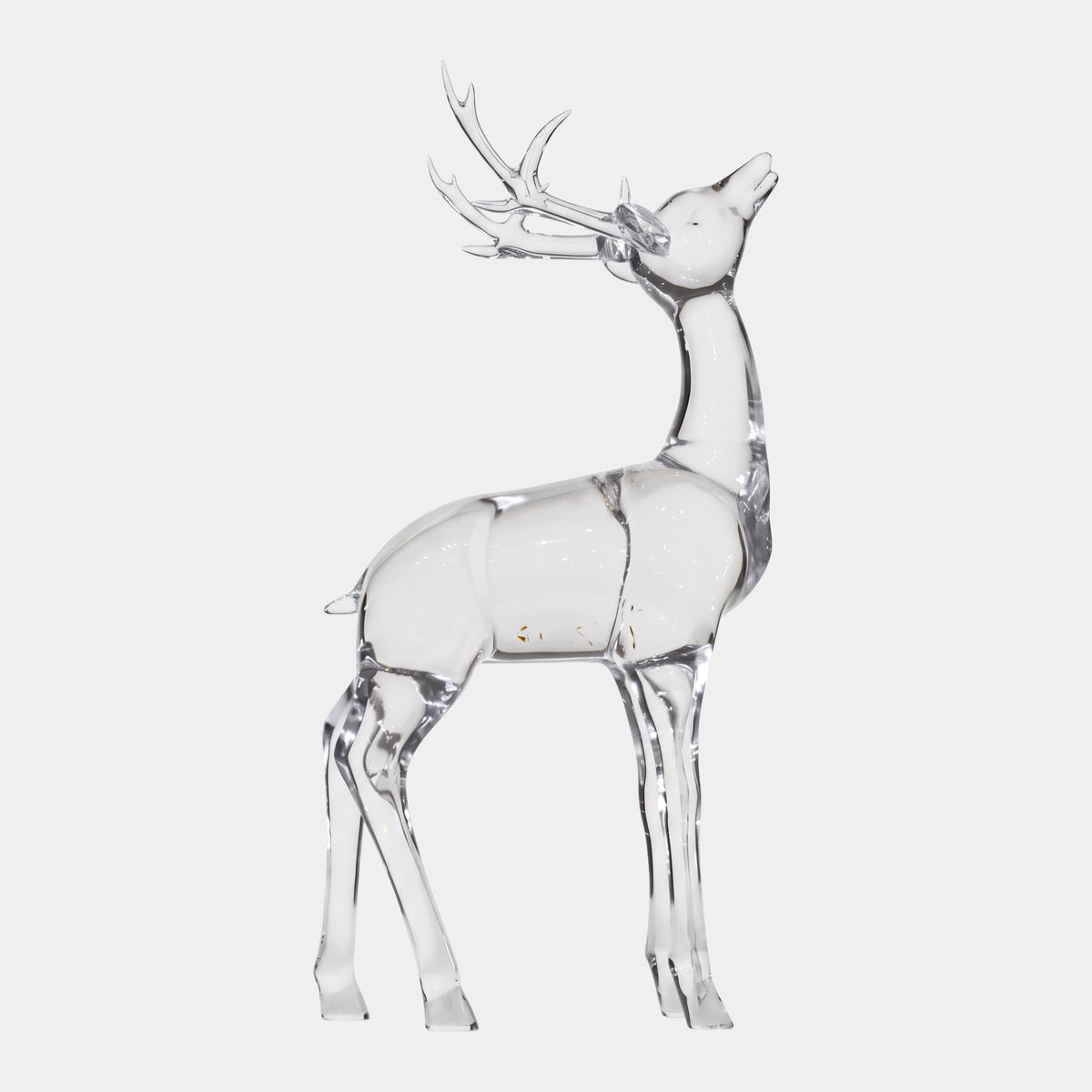Clear Alert Stag with High Antlers Resin Sculpture, 120cm, standing with head raised and antlers rising open above the skull, smooth clear finish, on a plain white background.