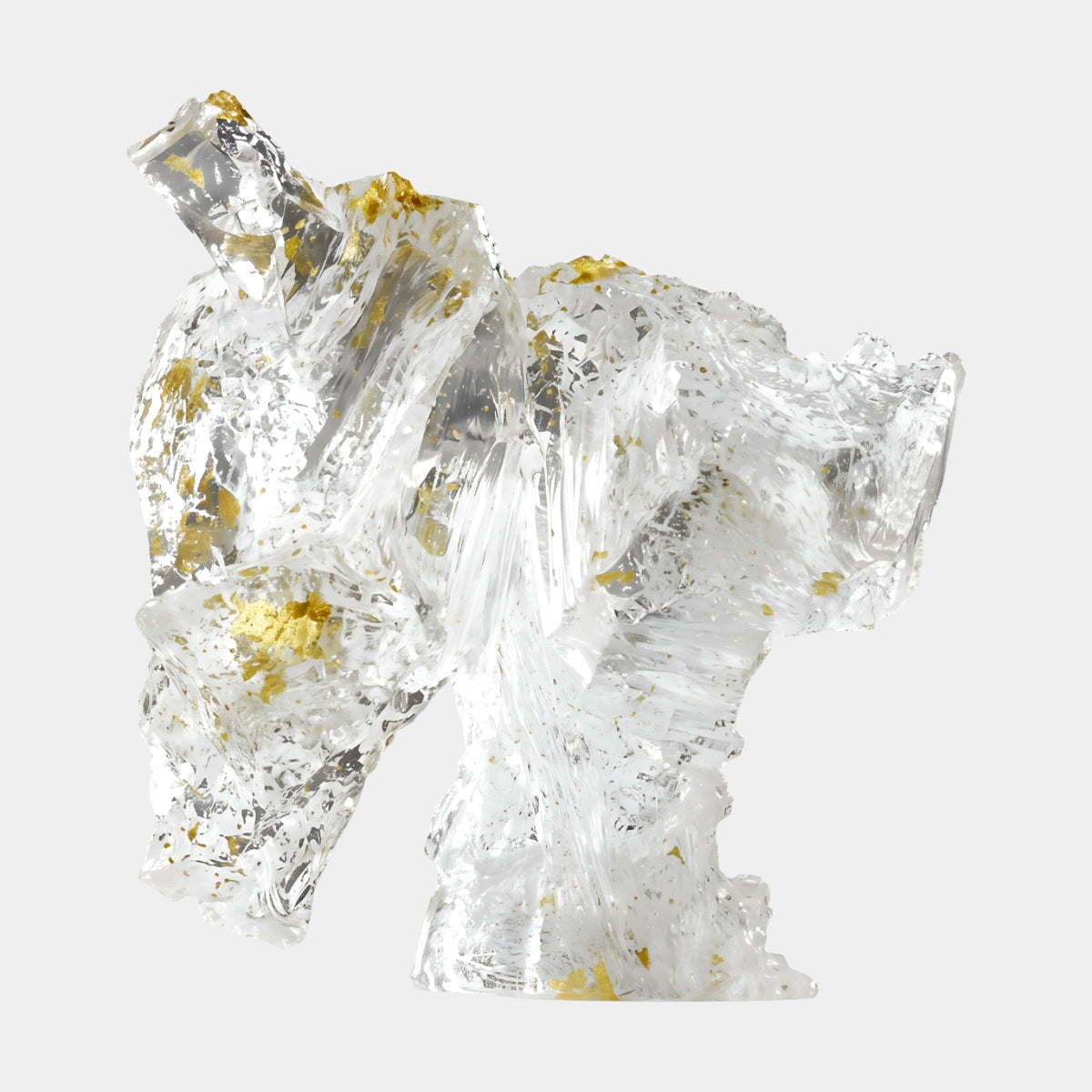Clear Gold-Flecked Bending Torso Resin Sculpture - 26cm, a bent figure with raking ridged texture and gold leaf flecks, shown on a plain white background.