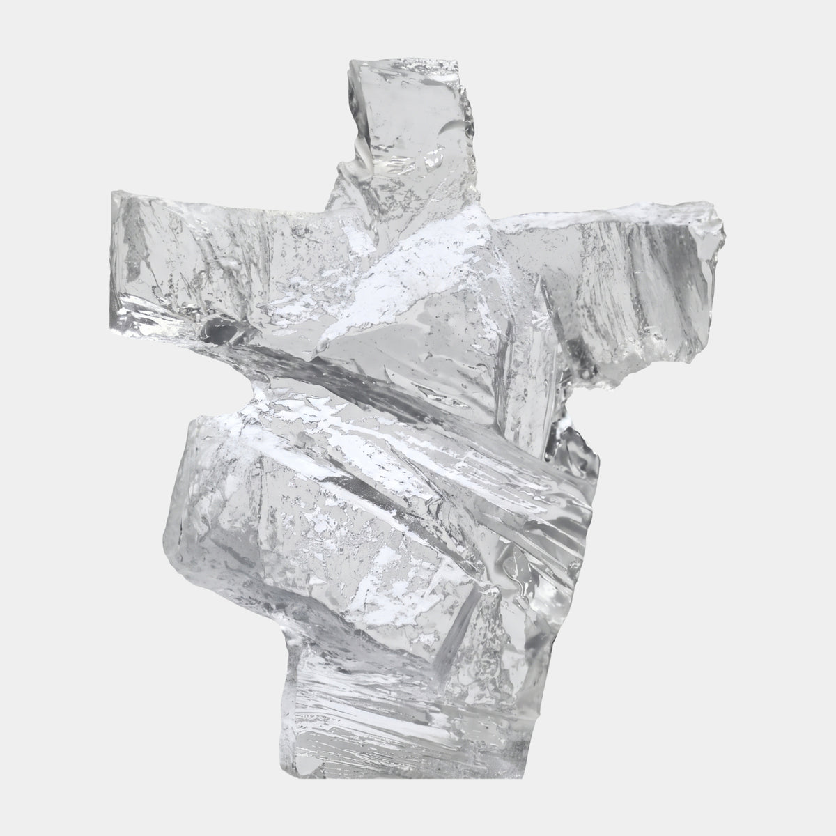 Clear Cruciform Torso Cast Resin Sculpture (23cm) with outstretched arms and faceted, colourless surfaces, shown against a plain white background.