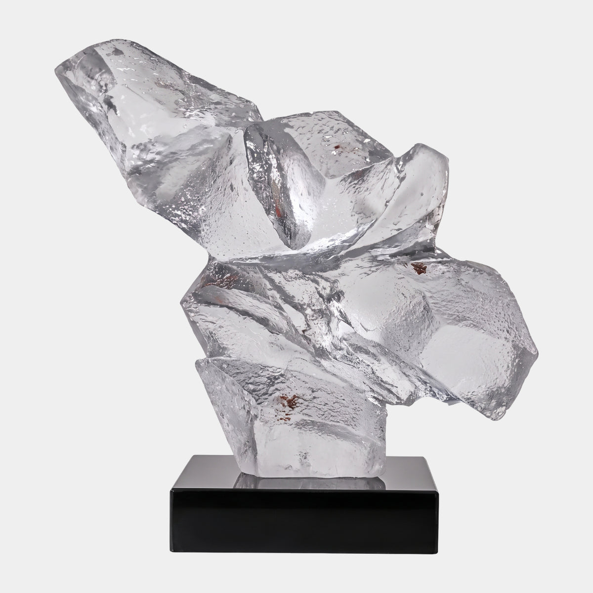 Clear Reaching Torso on a Black Marble Block - 49cm, resin sculpture with jagged ice-like planes leaning upward, set on a polished black marble base against a plain white background.