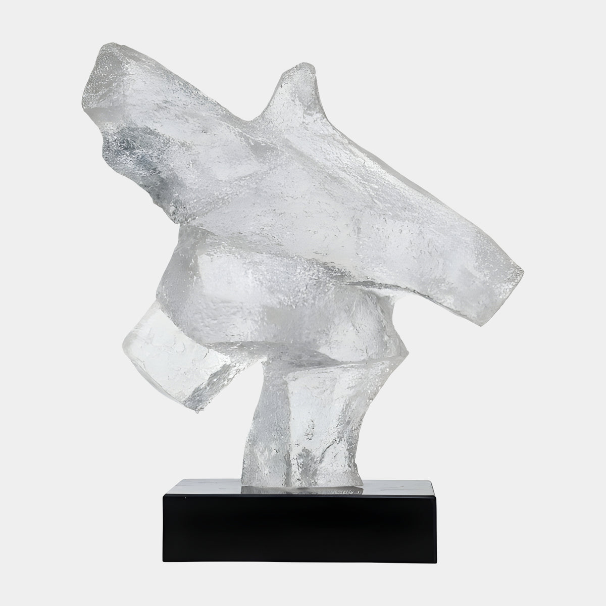 White Frosted Raised-Arm Torso Resin Sculpture, 43cm, with crossed arm forming an open window through the form, on a black base against a plain white background.