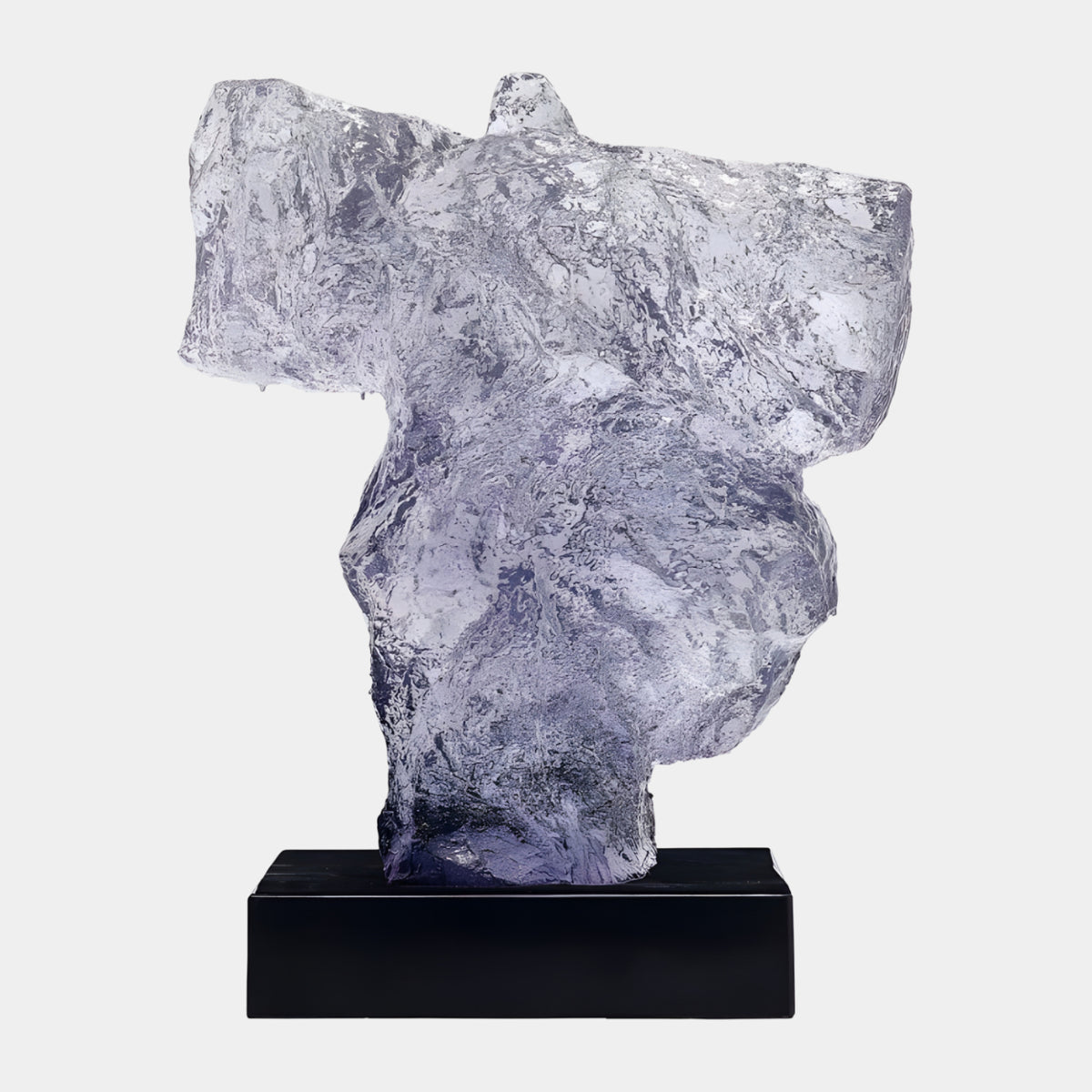 Amethyst Reaching Torso Cast Resin Sculpture, 54cm, pale violet translucent form with outstretched arms on a black marble base, plain white background.