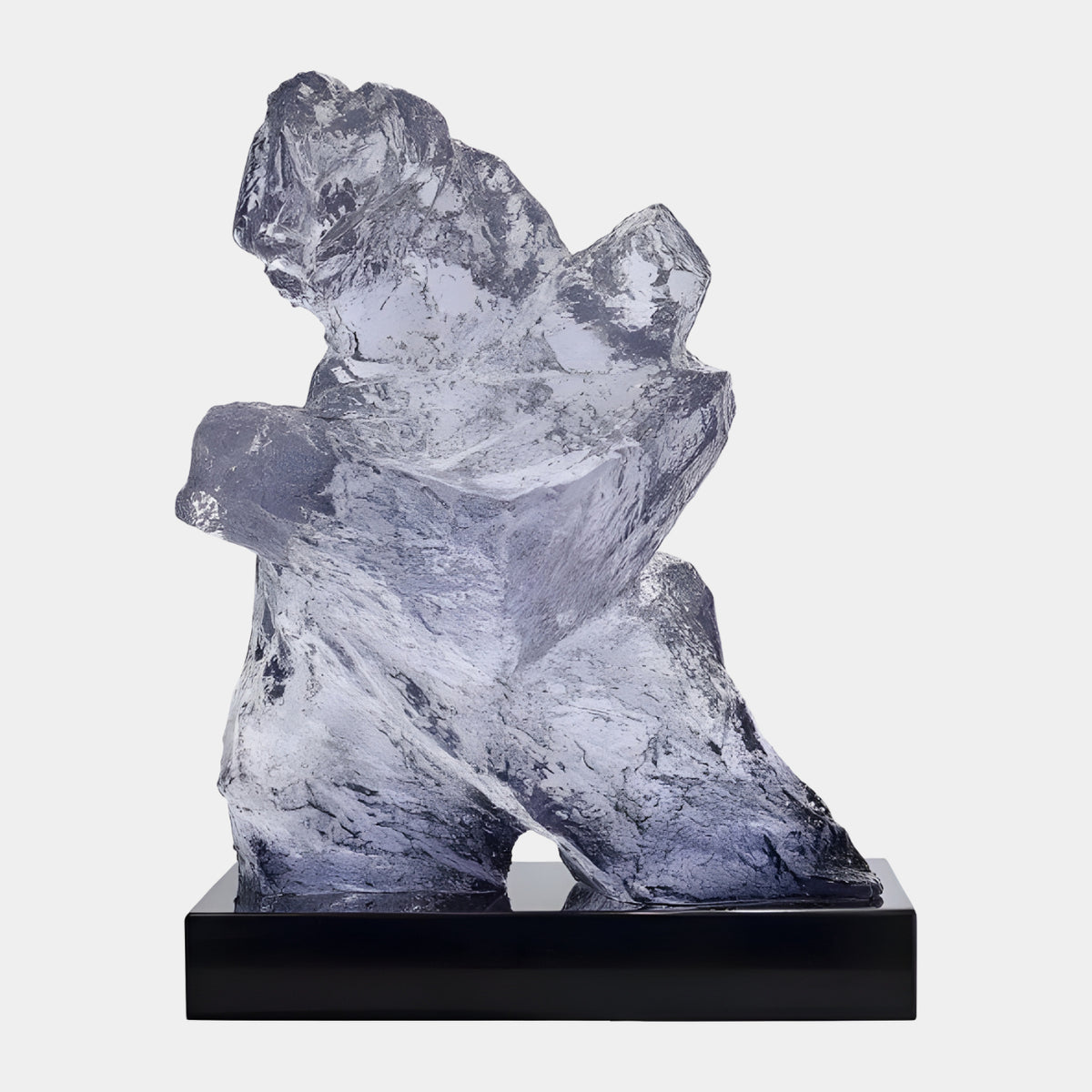 Amethyst Hunched Figure Cast Resin Sculpture, 53cm, abstract angular form in pale purple resin on a black base, plain white background.