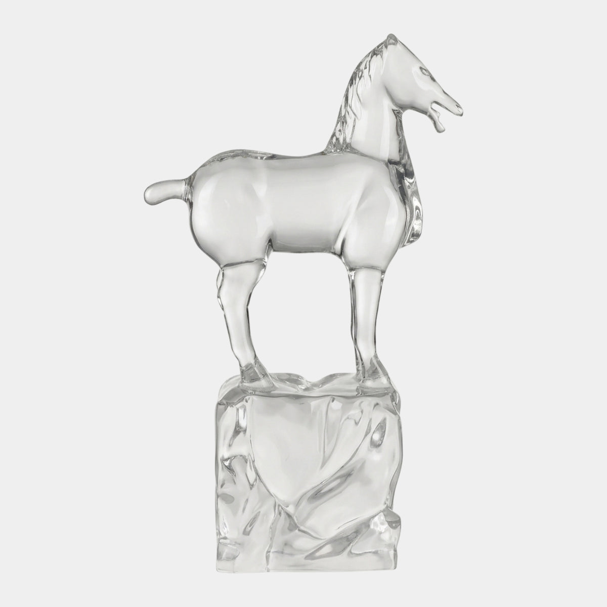 Clear Standing Horse on Rock Cast Resin Sculpture, 46cm, smooth-finished horse figure atop a faceted rock base, shown on a plain white background.