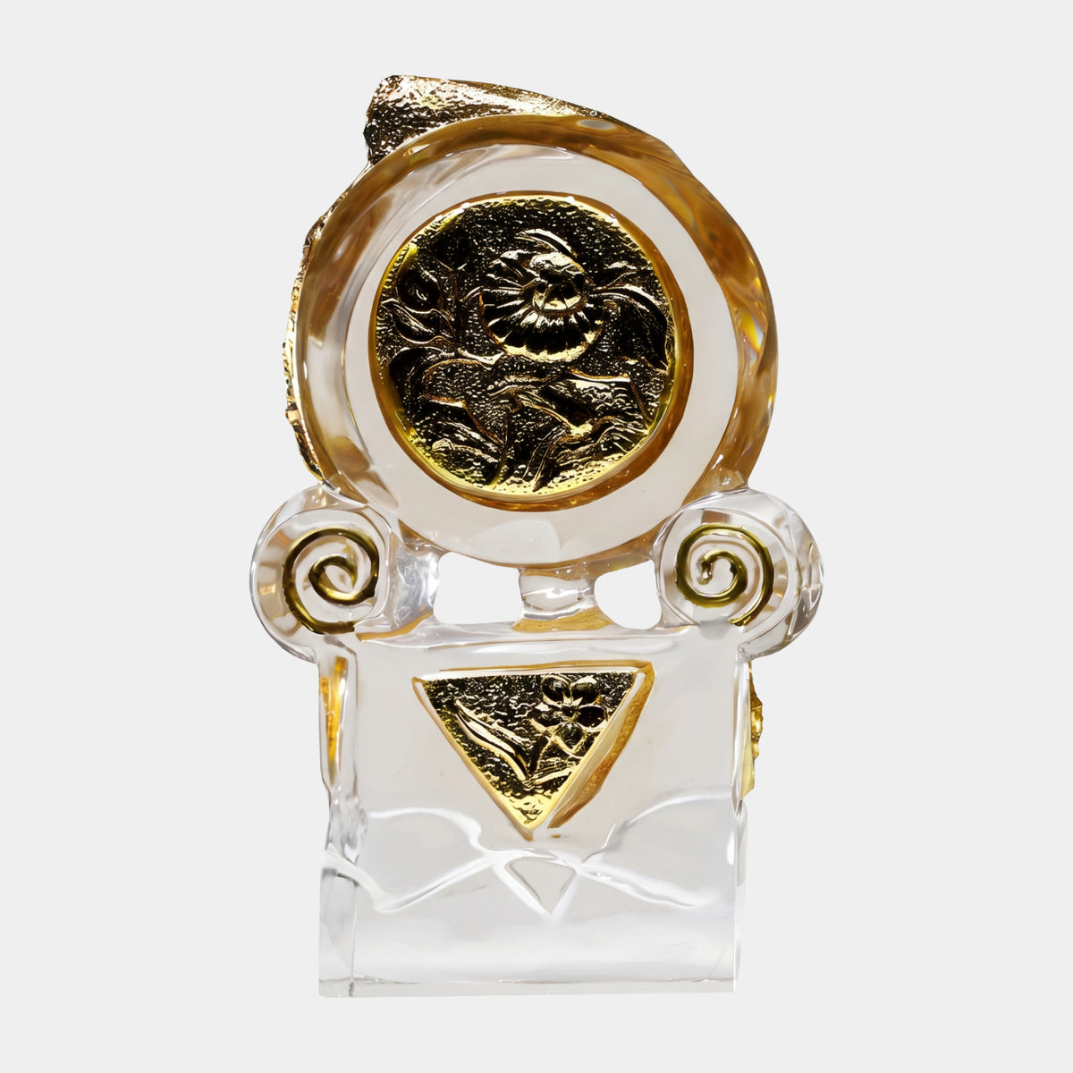 Clear Gilded Dragon Roundel Cast Resin Sculpture, 57cm, with scrolled volutes and gilded medallion plaque, shown on a plain white background.