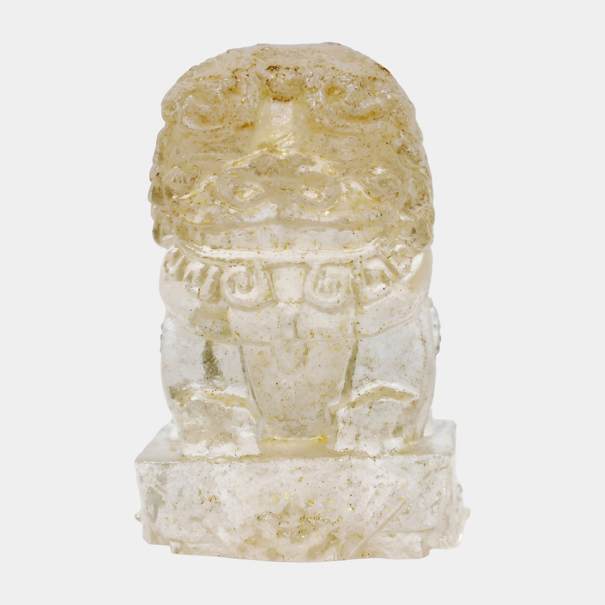White Frosted Gold-Flecked Guardian Lion Resin Sculpture, 14cm, front-facing on matching plinth, pale translucent finish with gold flecks, plain white background.