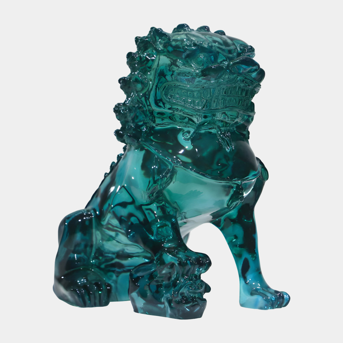 Deep Teal Guardian Lion with Ball Under One Paw Resin Sculpture - 38cm