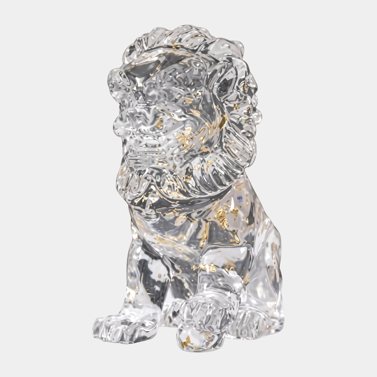 Clear Gold-Leaf Guardian Lion Cast Resin Sculpture, 47cm, seated upright with gold flecks through its clear body and mane, shown on a plain white background.