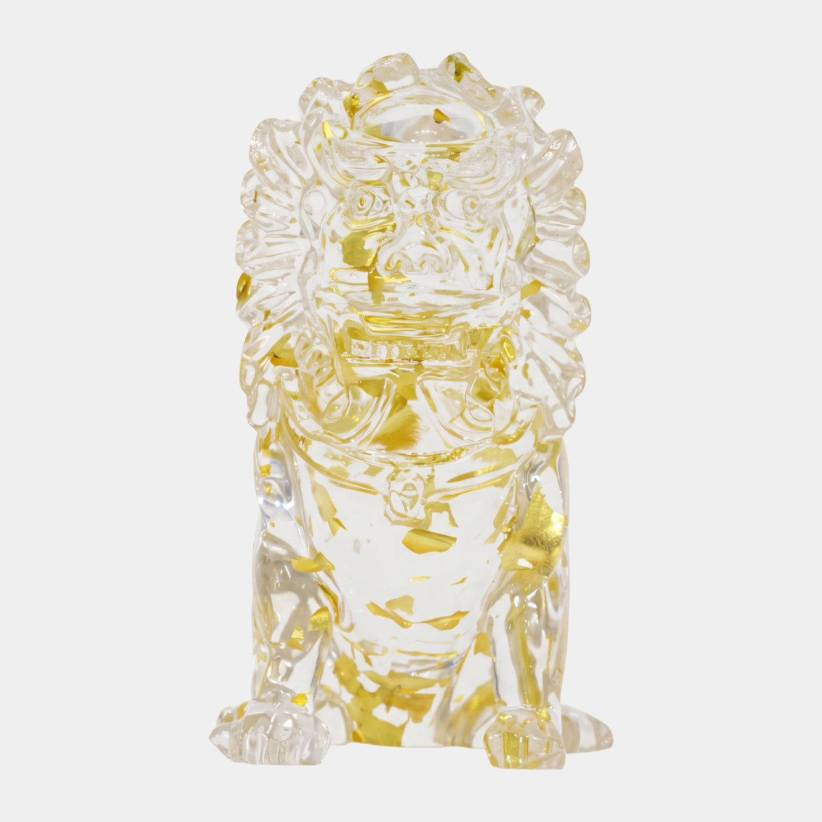 Clear Gold-Flecked Guardian Lion Cast Resin Sculpture, 21cm, seated front-facing with gold flecks through the mane, collar, and paws, on a plain white background.