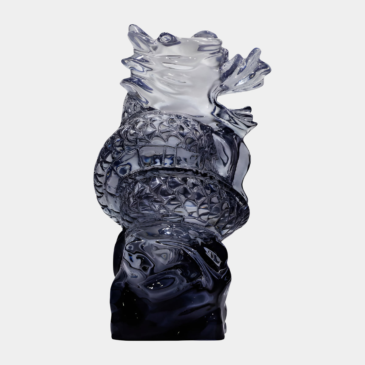Grey Graded Coiled Dragon Resin Sculpture, 42cm, with coiled scaled body darkening from pale smoke at the head to near black at the base, on a plain white background.