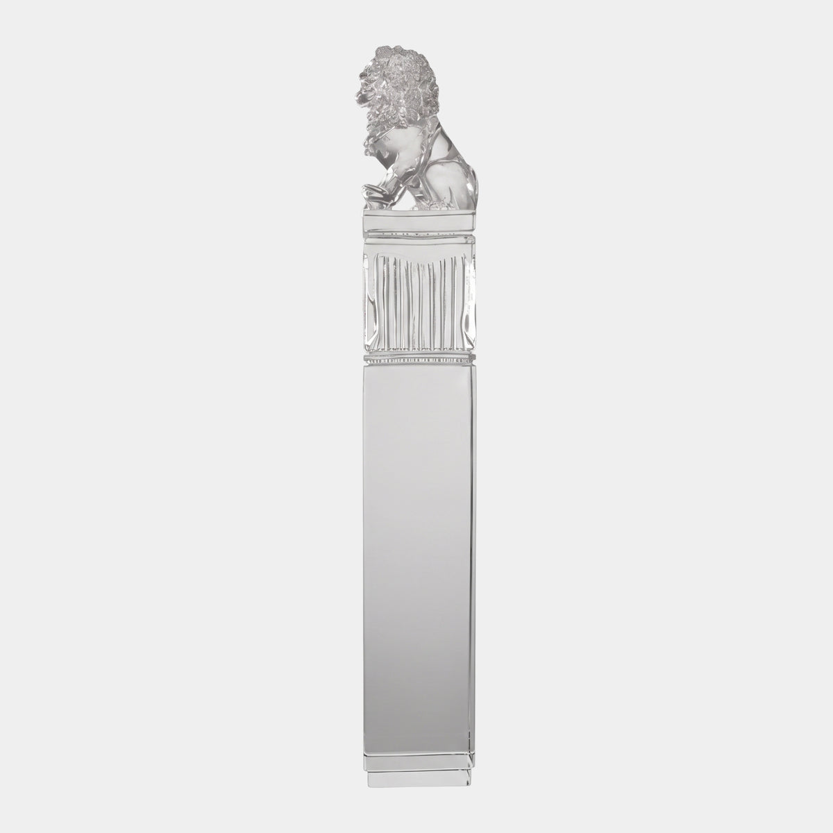Clear Lion on a Fluted Clear Column Resin Sculpture, 99cm, by Giant Sculptures, lion in profile atop a fluted clear column with stepped base, plain light background.