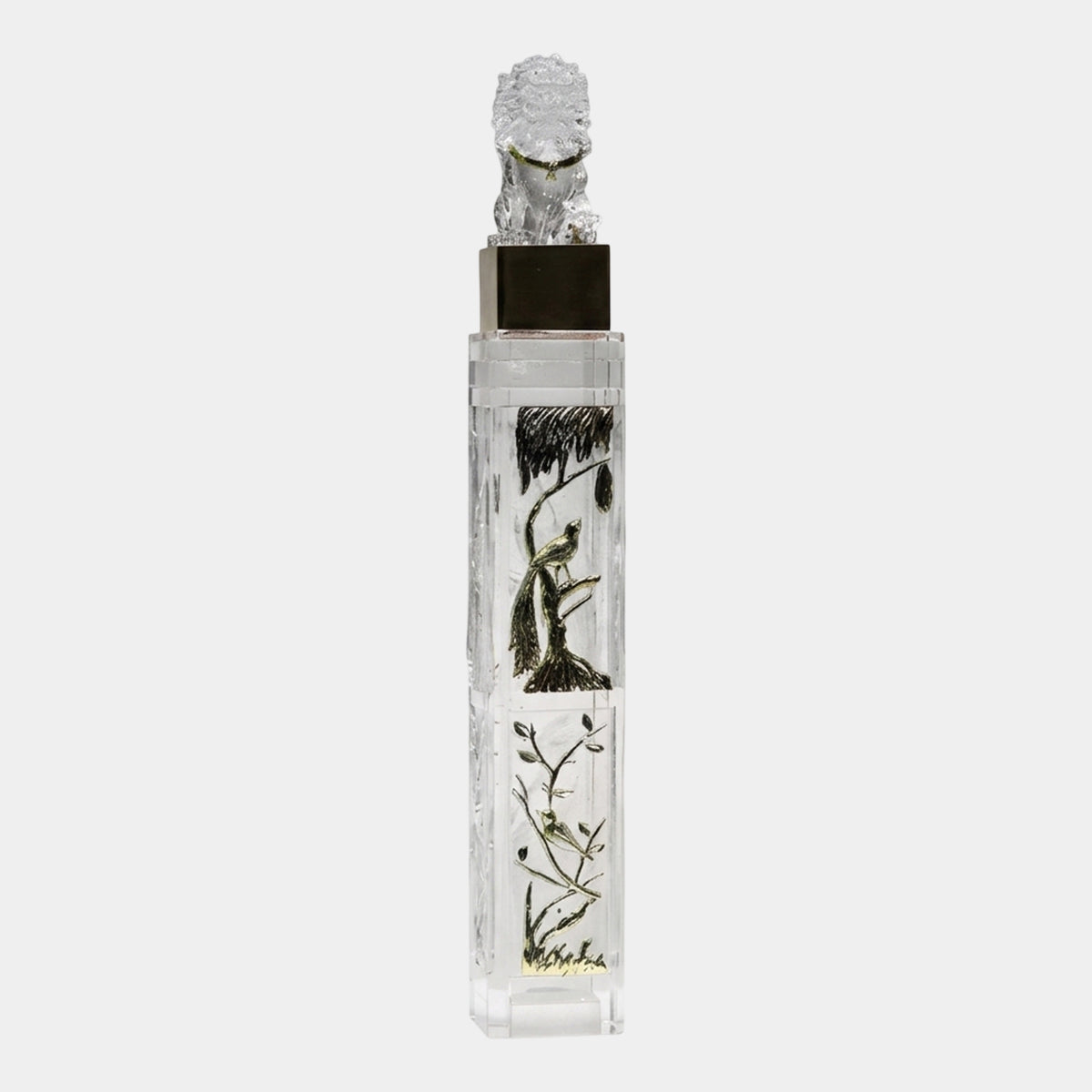 Clear Guardian Lion on a Bird & Branch Column Resin Sculpture, 120cm, with black gilt collar atop a square cap, bird and floral motifs etched below, on a plain white background.