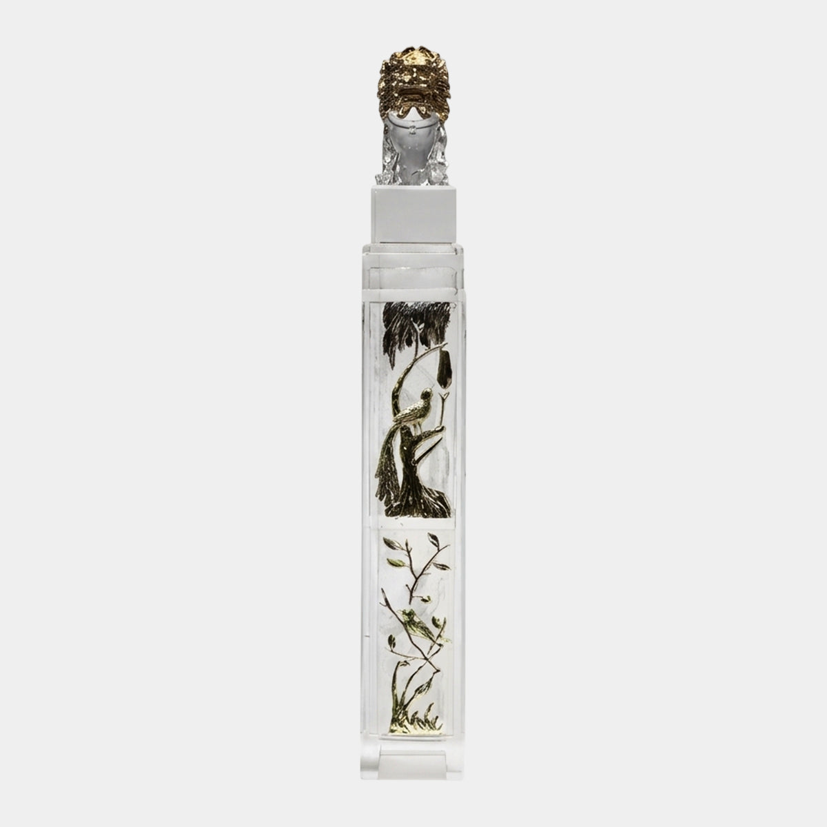 Bronze-Maned Guardian Lion on a Bird & Branch Column Resin Sculpture, 120cm, clear column with black and silver bird and floral motifs, white background.