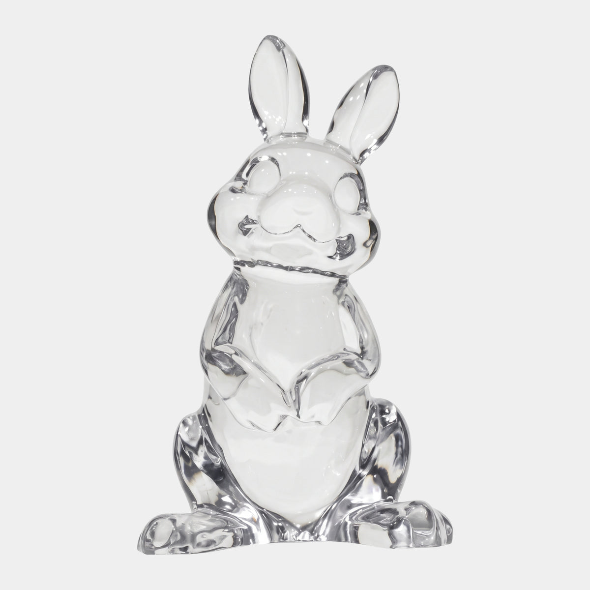 Clear Seated Rabbit Cast Resin Sculpture, 63cm, upright on haunches with ears raised and forepaws together, polished clear resin against a plain white background.