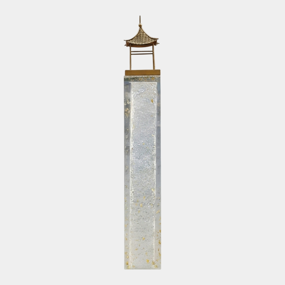 Clear Gold-Flecked Column with a Gilt Pavilion Resin Sculpture, 150cm, featuring a gilded single-roofed pavilion atop a tall clear resin column with cracked-ice texture and gold flecks, shown on a plain white background.