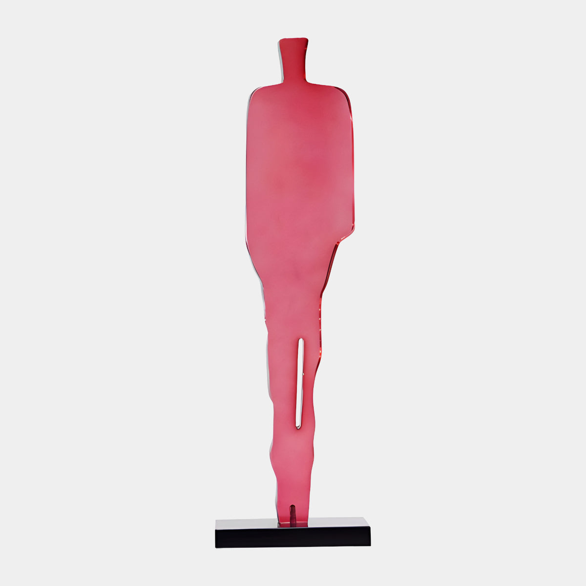 Pink Flat-Plate Standing Figure on Marble Bar - 84cm, a translucent rose silhouette cutout with slotted legs, set on a black marble base against a plain light background.