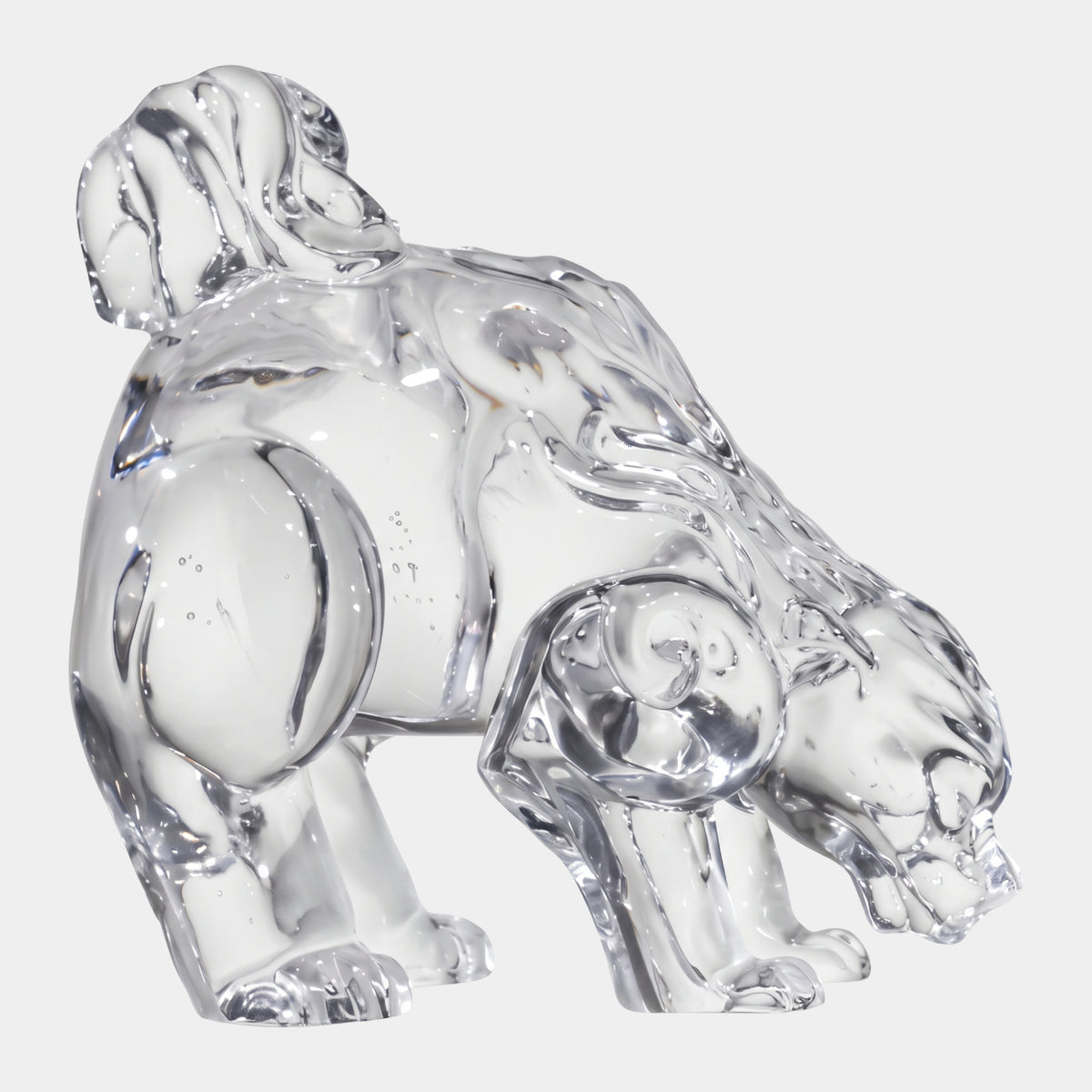 Clear Head-Down Dog Cast Resin Sculpture, 28cm, crouching dog with head lowered and shoulders raised, polished clear resin, on a plain white background.