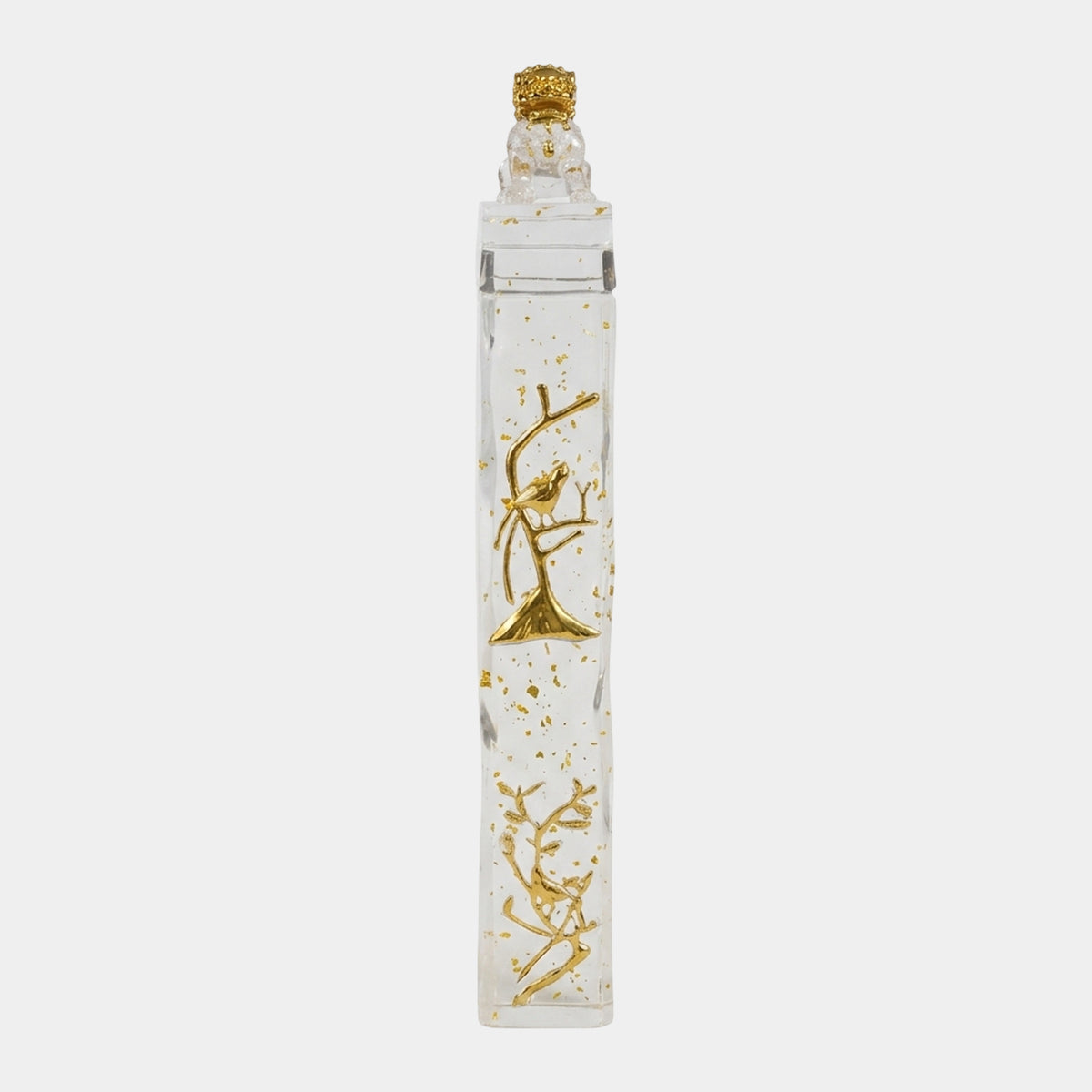 Clear Guardian Lion on a Gilded Bird Relief Column, 135cm, clear resin shaft with gold flecks and a gilded bird-on-branch relief, on a plain white background.
