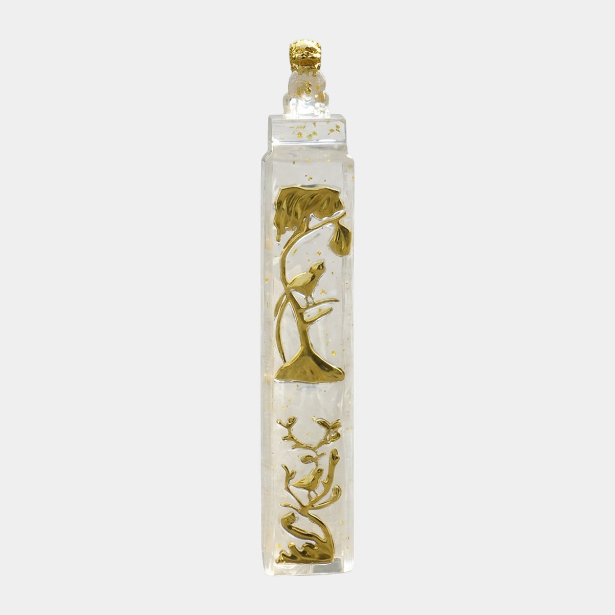 Clear Guardian Lion on a Gilded Bird Relief Column, 112cm, a clear resin square column with gold flecks, gilded leaves, bird and branch motifs, and a lion atop the cap, shown on a plain white background.