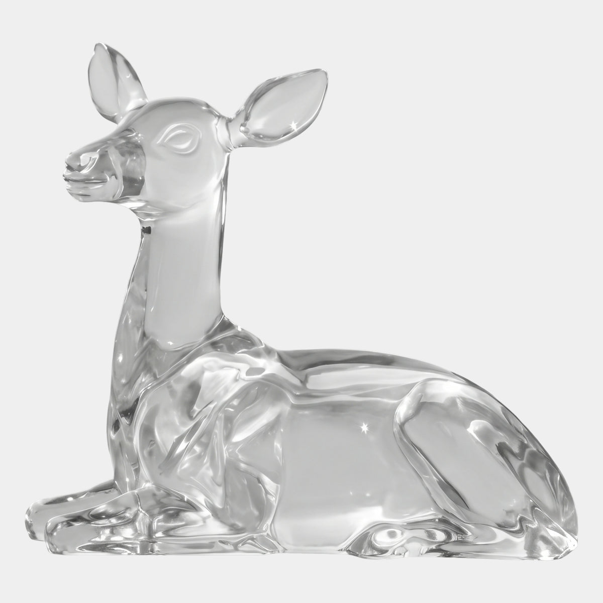 Clear Doe Lying With Legs Folded Resin Sculpture - 90cm, profile view with ears alert on a plain white background, Giant Sculptures.
