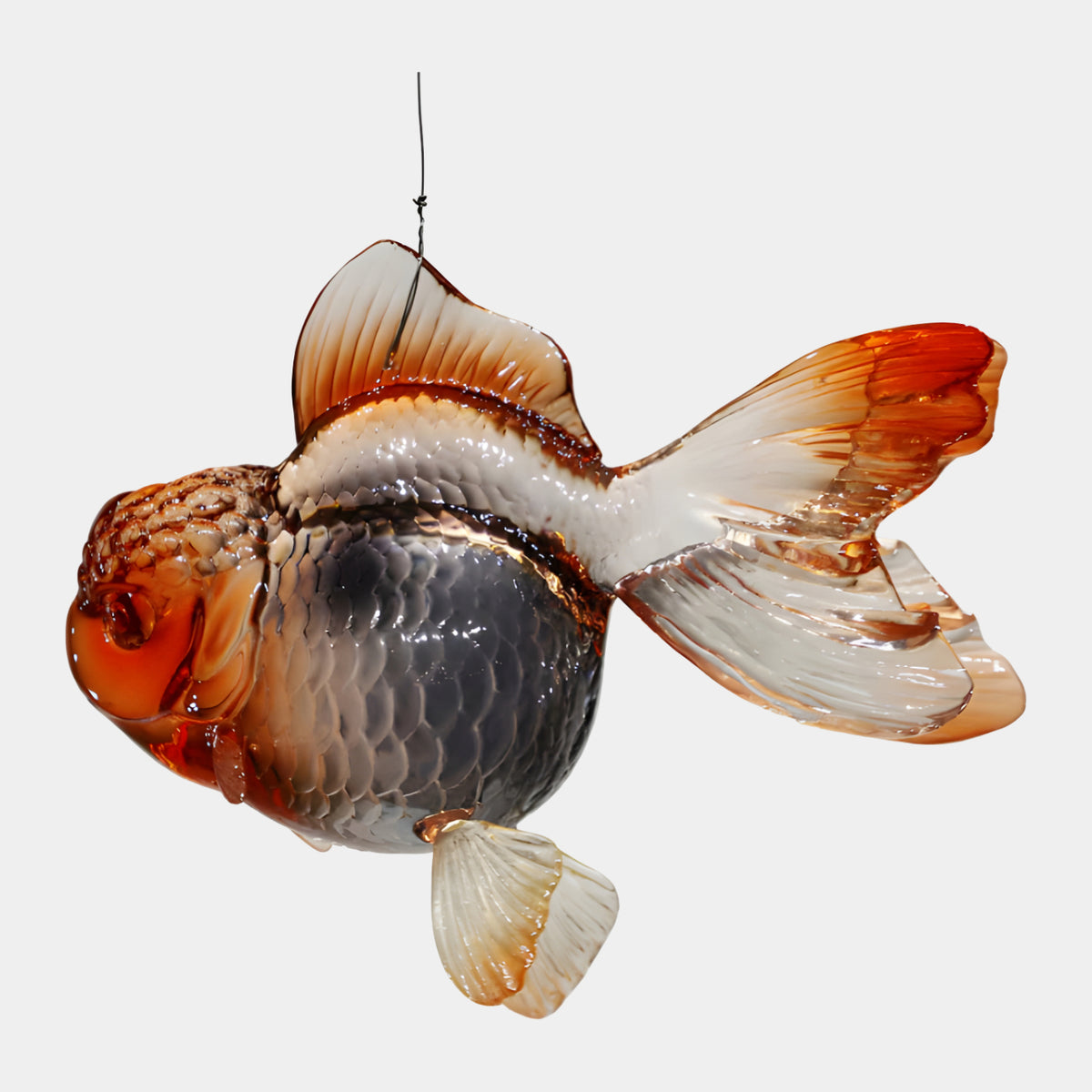 Amber Fantail Goldfish Cast Resin Sculpture, 30cm, with amber head, smoke-grey body, and flowing clear fins, shown hanging against a plain white background.