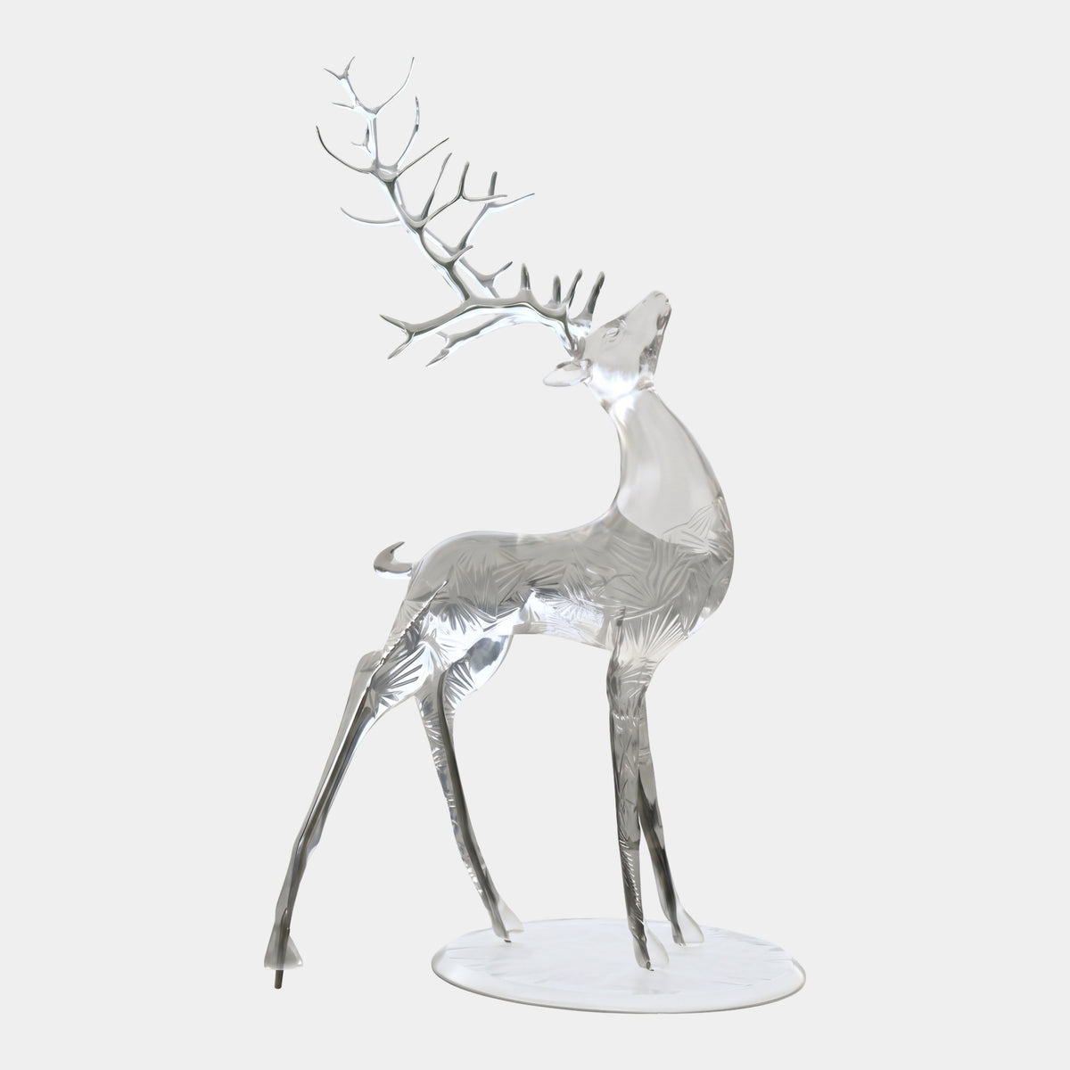 Clear Fern-Bodied Stag Cast Resin Sculpture, 200cm, standing with head raised and branching antlers, frosted fern pattern on clear resin, on an oval base against a plain light background.