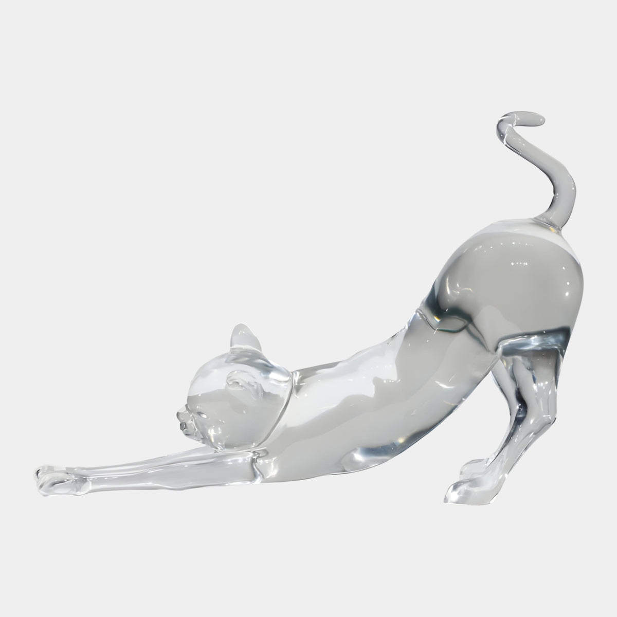 Clear Stretching Cat Cast Resin Sculpture - 65cm, shown mid-stretch with forelegs extended and tail curled over its back, on a plain white background.