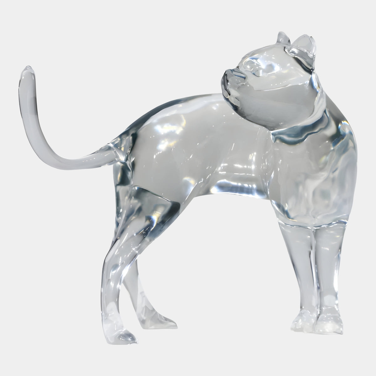 Clear Standing Cat Cast Resin Sculpture - 40cm, shown in profile with head turned and curved tail, on a plain white background.