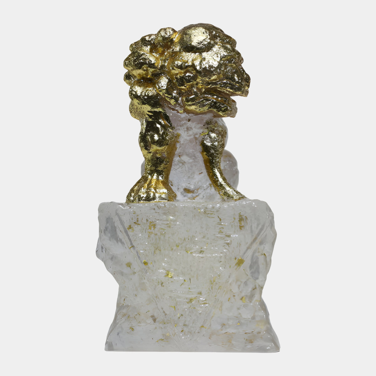 Gold Gilded Guardian Lion on Flecked Block, 45cm, resin sculpture with gilded mane and forelegs on a rough clear block, plain white background.