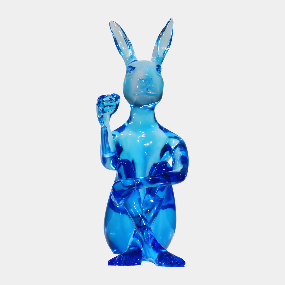 Blue Standing Rabbit-Headed Figure Resin Sculpture, 80cm, translucent blue finish with one fist raised and one hand at the waist, on a plain white background.