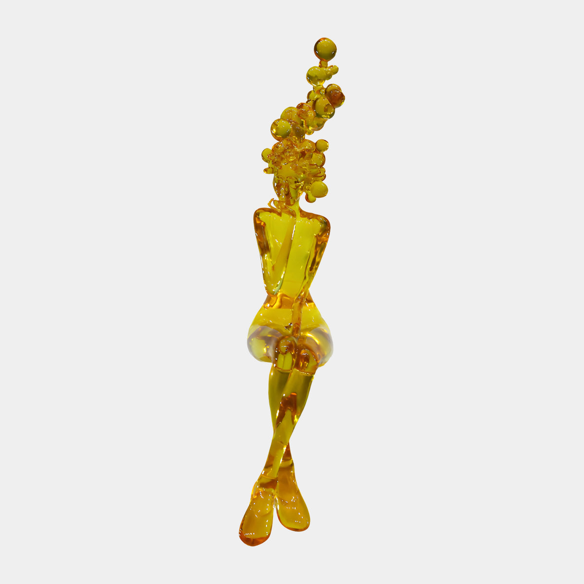 Amber Seated Figure with Sphere Cluster Head - 116cm, a translucent yellow resin sculpture of a seated headless female form topped by rising spheres, shown on a plain white background.