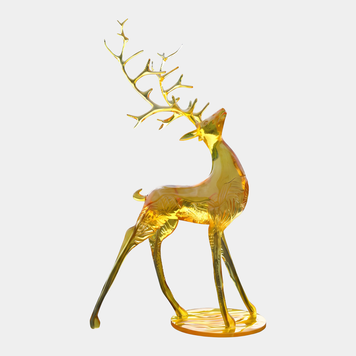 Amber Fern-Bodied Stag on Round Base - 153cm, translucent resin sculpture with branching antlers and fern-patterned flanks on a round base, plain light background.