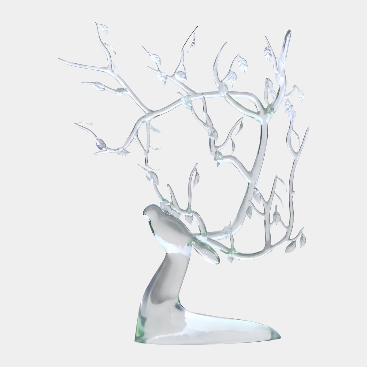 Clear Deer Head with Leafed Branch Antlers - 170cm, a clear resin sculpture of a deer's lifted muzzle on a swept foot, with branching antlers of thin leafed limbs, shown against a plain white background.