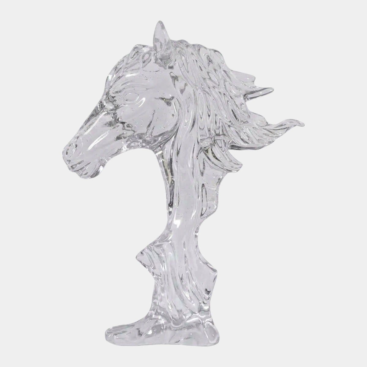 Clear Horse Head on a Worked Stem - 50cm by Giant Sculptures, optically clear resin with flowing mane and narrow rock-textured stem, shown on a plain white background.