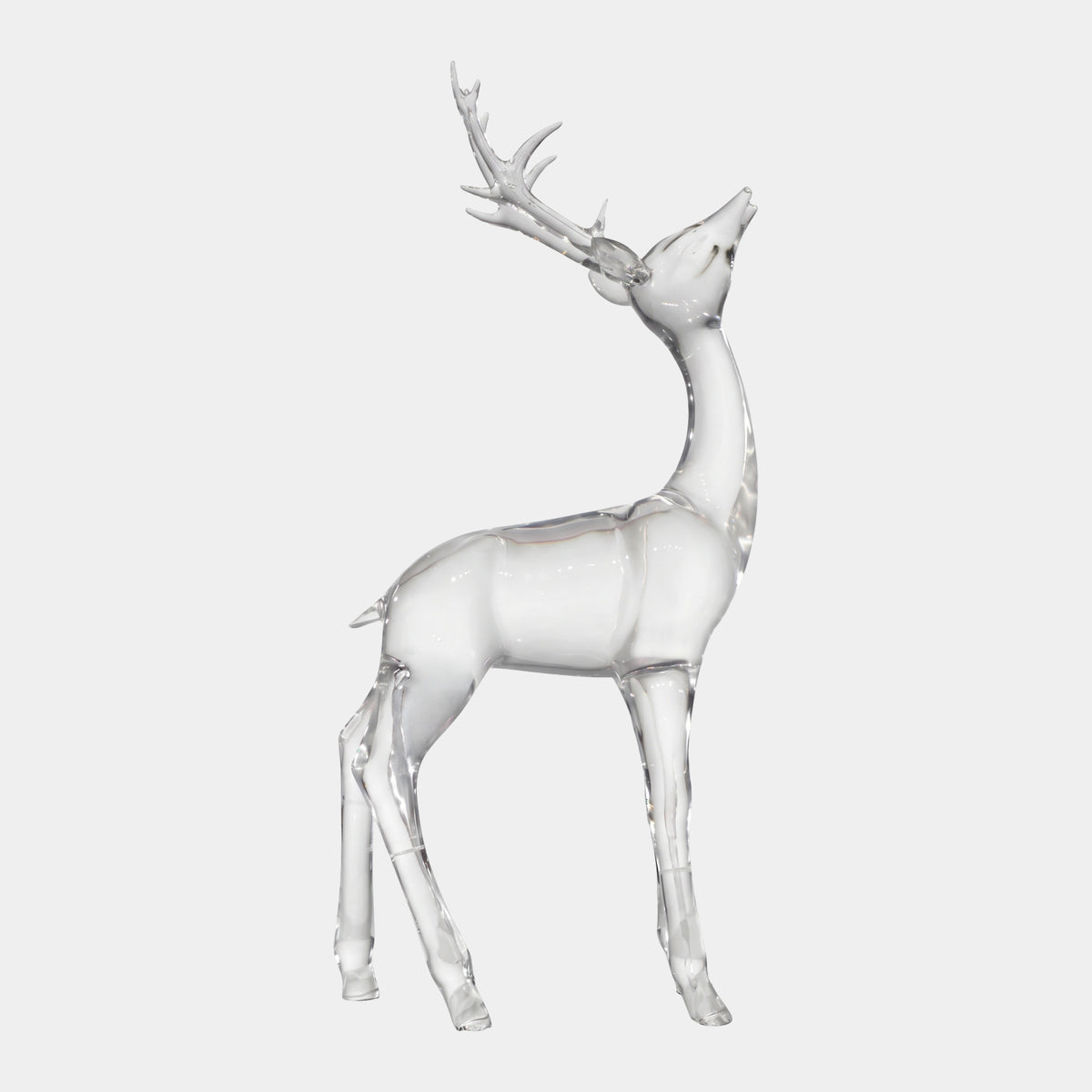 Clear Stag with Head Thrown Back - 112cm, a clear resin sculpture of a standing stag with antlers swept back, shown on a plain white background.