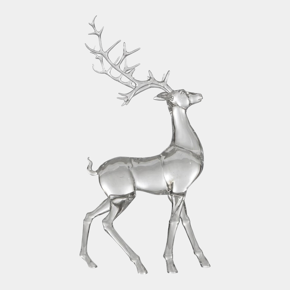 Clear Stag with a Heavy Rack Held High, 217cm, a clear polished resin sculpture mid-stride with antlers swept back, shown on a plain white background.
