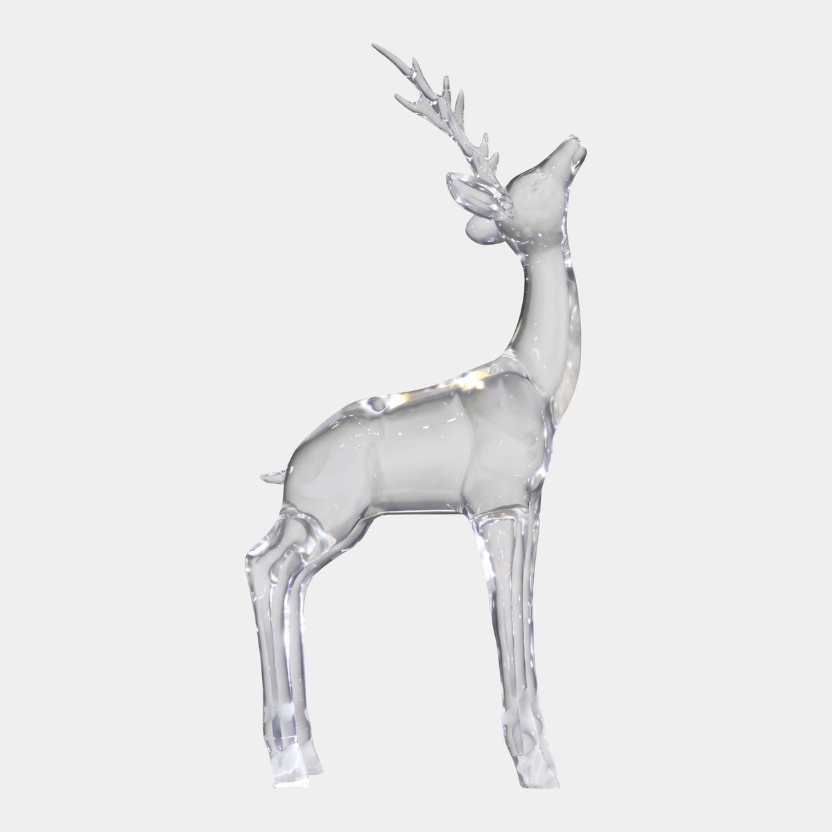 Clear Head-Up Stag Cast Resin Sculpture, 88cm, standing on four legs with head tipped back and antlers raised, on a plain white background.