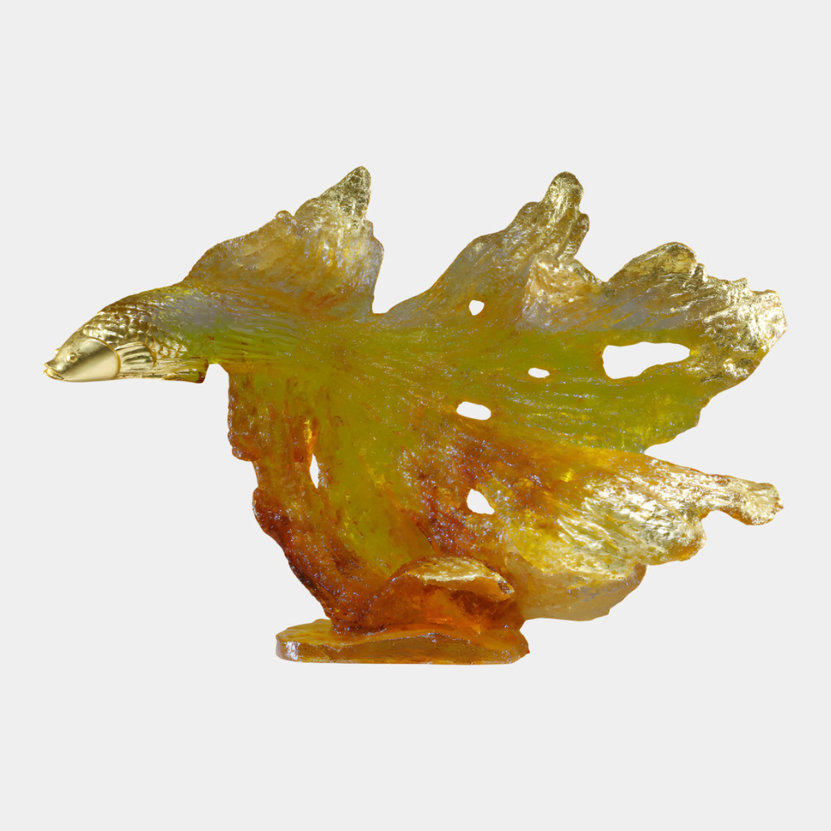 Amber Fighting Fish Cast Resin Sculpture - 110cm with gilded fish head and torn, amber-to-yellow fin sheet, on a plain white background.