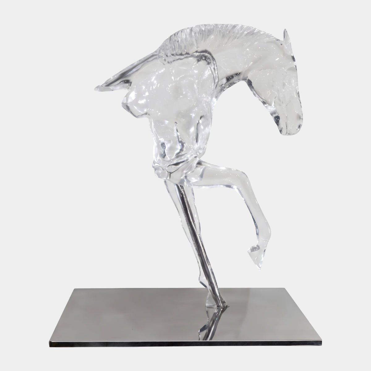Clear Horse Forequarters on Steel - 100cm, a polished clear resin sculpture of a horse's head, neck and forelegs on a steel base, shown on a plain white background.