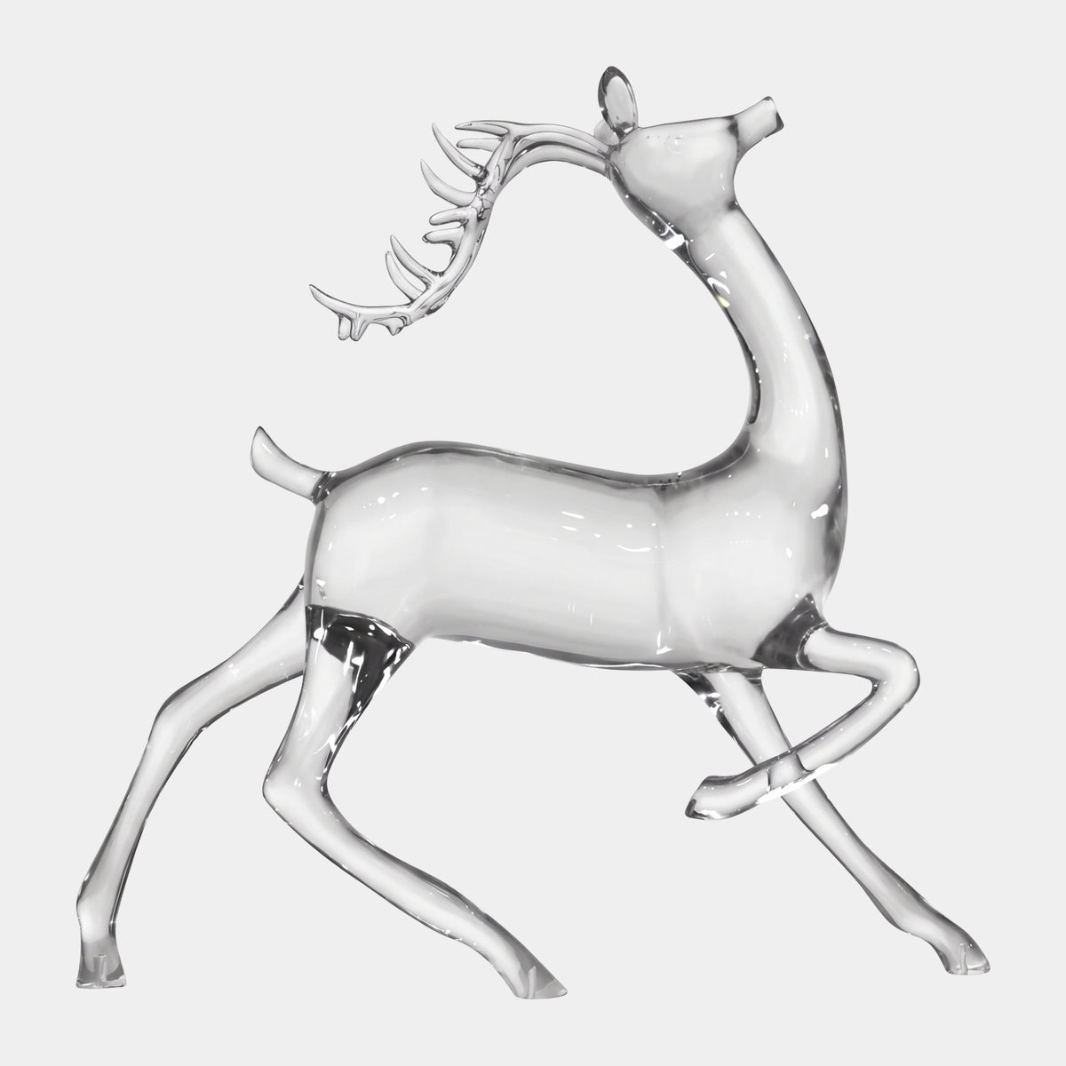 Clear Striding Stag Cast Resin Sculpture, 140cm, mid-stride pose with head tipped up and antlers swept back, shown on a plain white background.